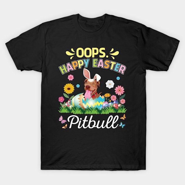 Pitbull Dog Bunny Costume Playing Flower Eggs Happy Easter T-Shirt by DainaMotteut